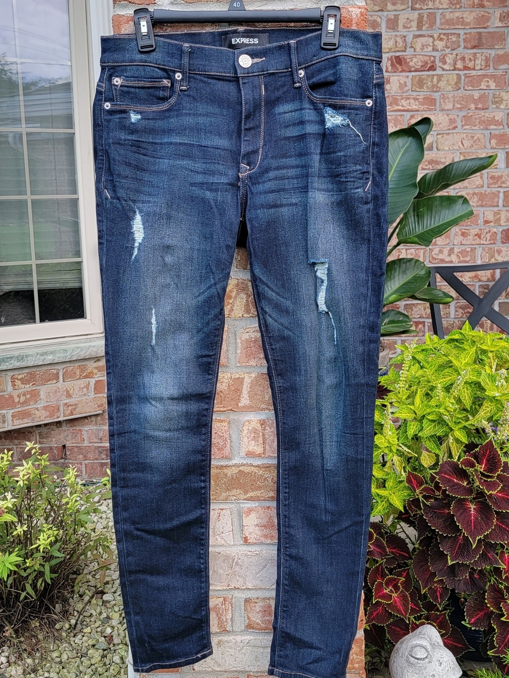 Express Dark Indigo Distressed Mid Rise Skinny Jeans